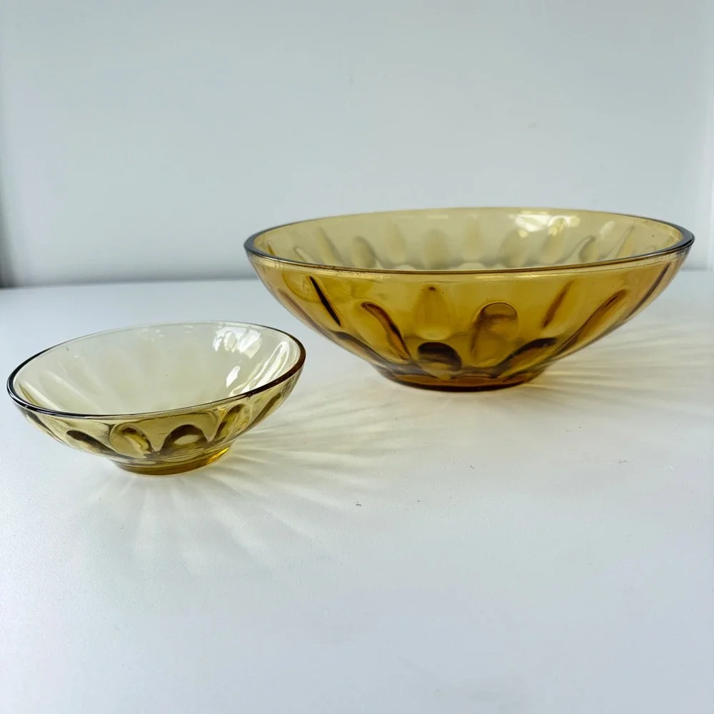 Vintage Amber Glass Thumbprint Nesting Bowl Set Mid Century Modern 2 Piece Gold